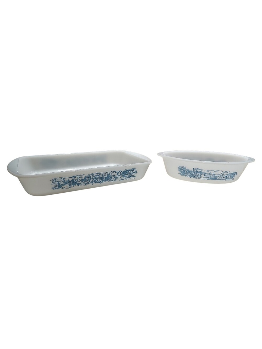 Glasbake Blue & White Vintage Patterned Milk Glass Baking Dishes